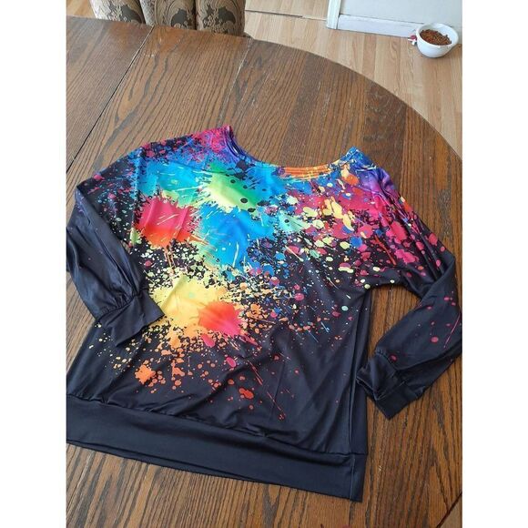 HOST PICK  New Small Long Sleeve Round Neck Paint Splatter Loose Fit Shirt Top - Picture 1 of 5
